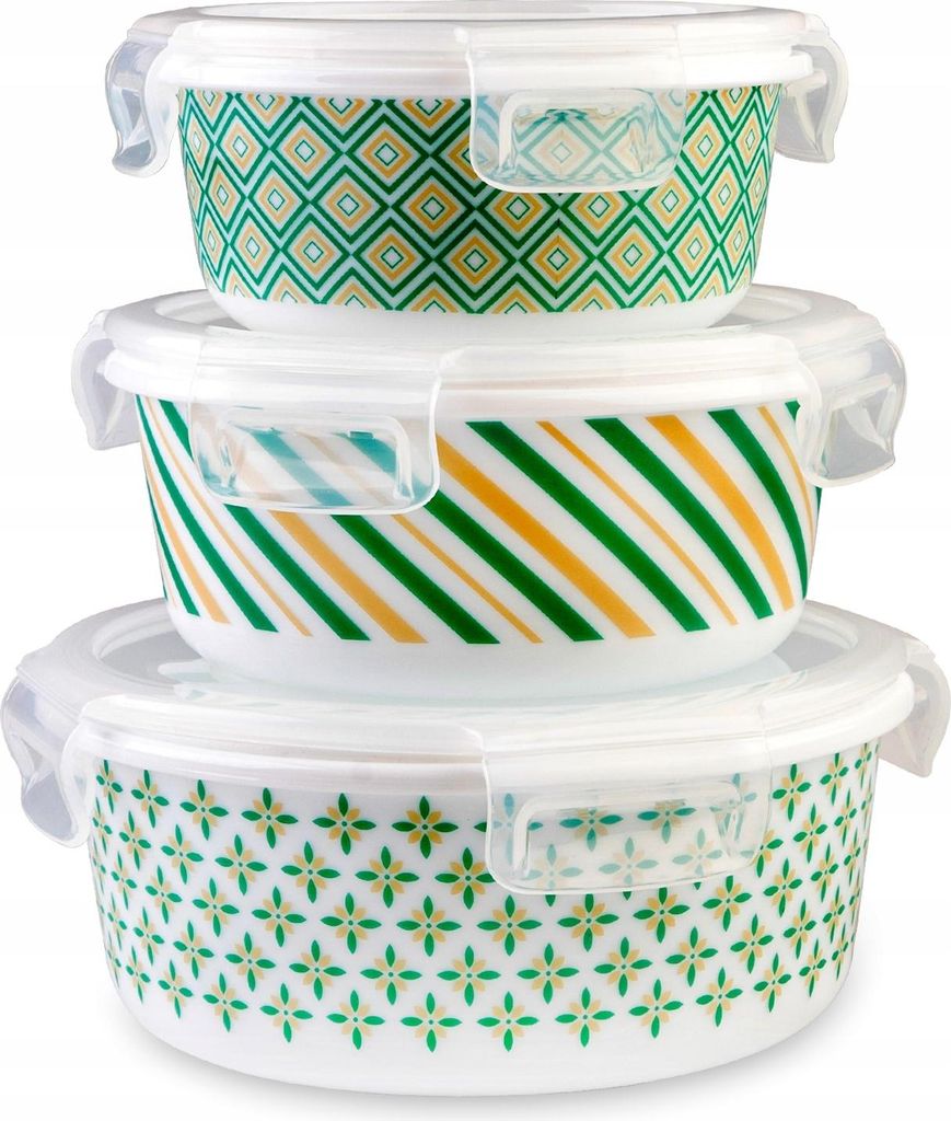 Three round glass food containers with patterned designs and clear lids are stacked on top of each other.
