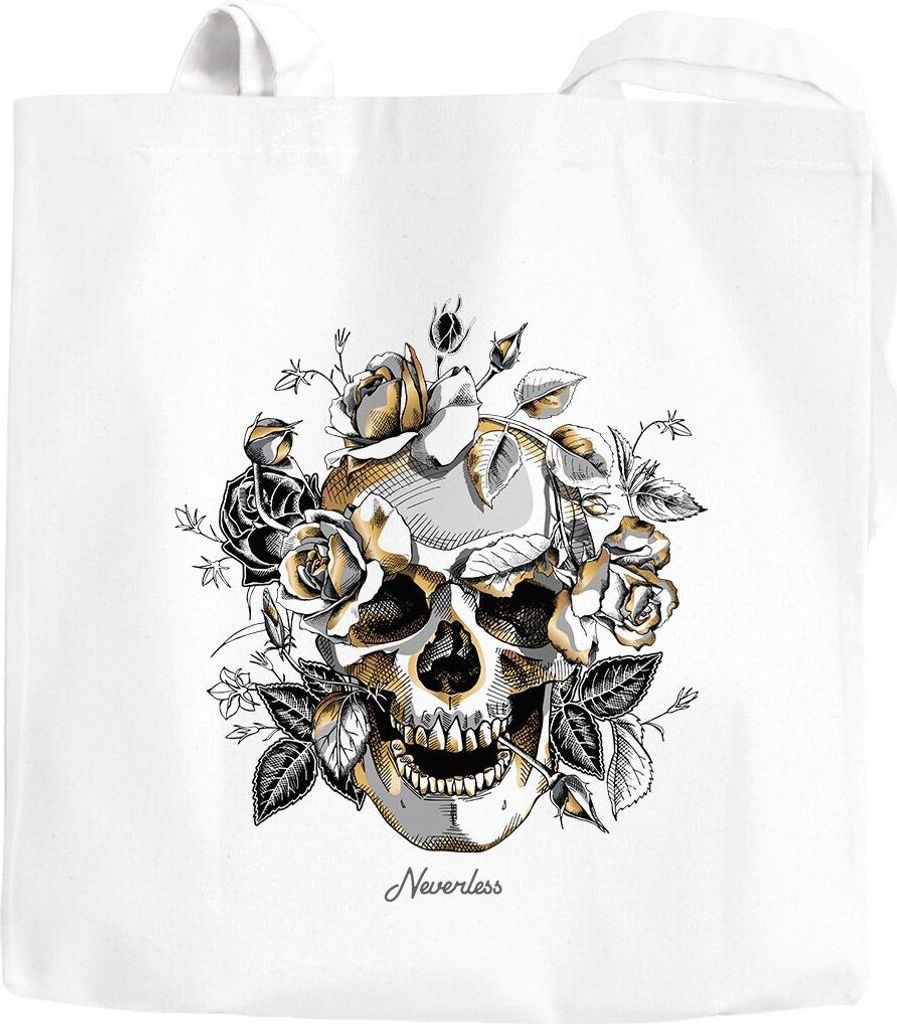 Jutebeutel Totenkopf Rosen Skull Roses Schädel Baumwolltasche Stoffbeutel Autiga weiß 2 lange Henkel