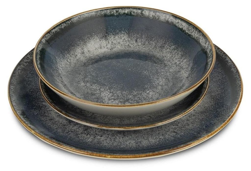 A stack of grey and blue ceramic plates and bowls.