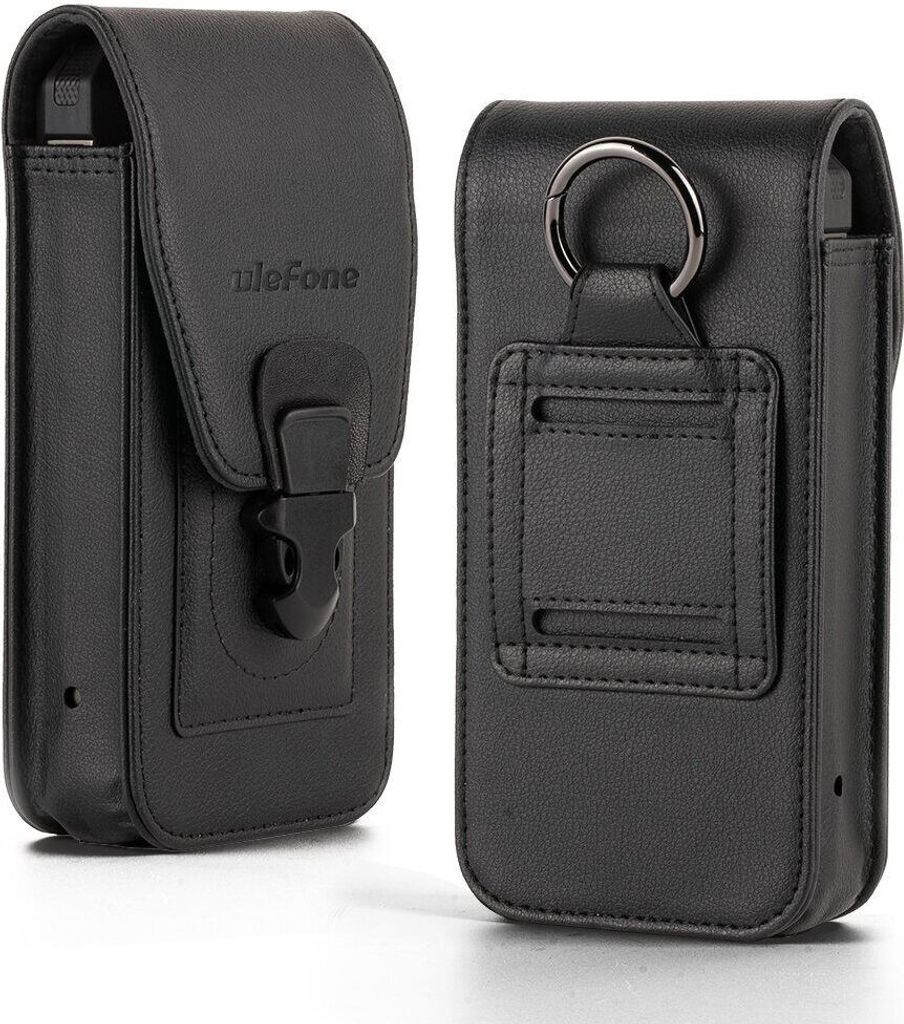 Two black leather phone holsters are shown against a white background. One holster is shown from the front with its flap closed, and the other is shown from the back with a belt loop and a ring attachment.
