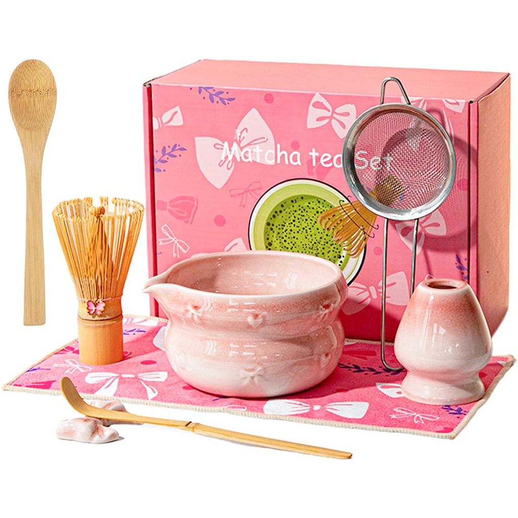Matcha Teezeremonie Set, Matcha Schneebesen, Keramik Schale, Teelöffel, Chasen, Sieb, Kirschblüte Rosa Japanese Matcha Tea Set - 8-teilig