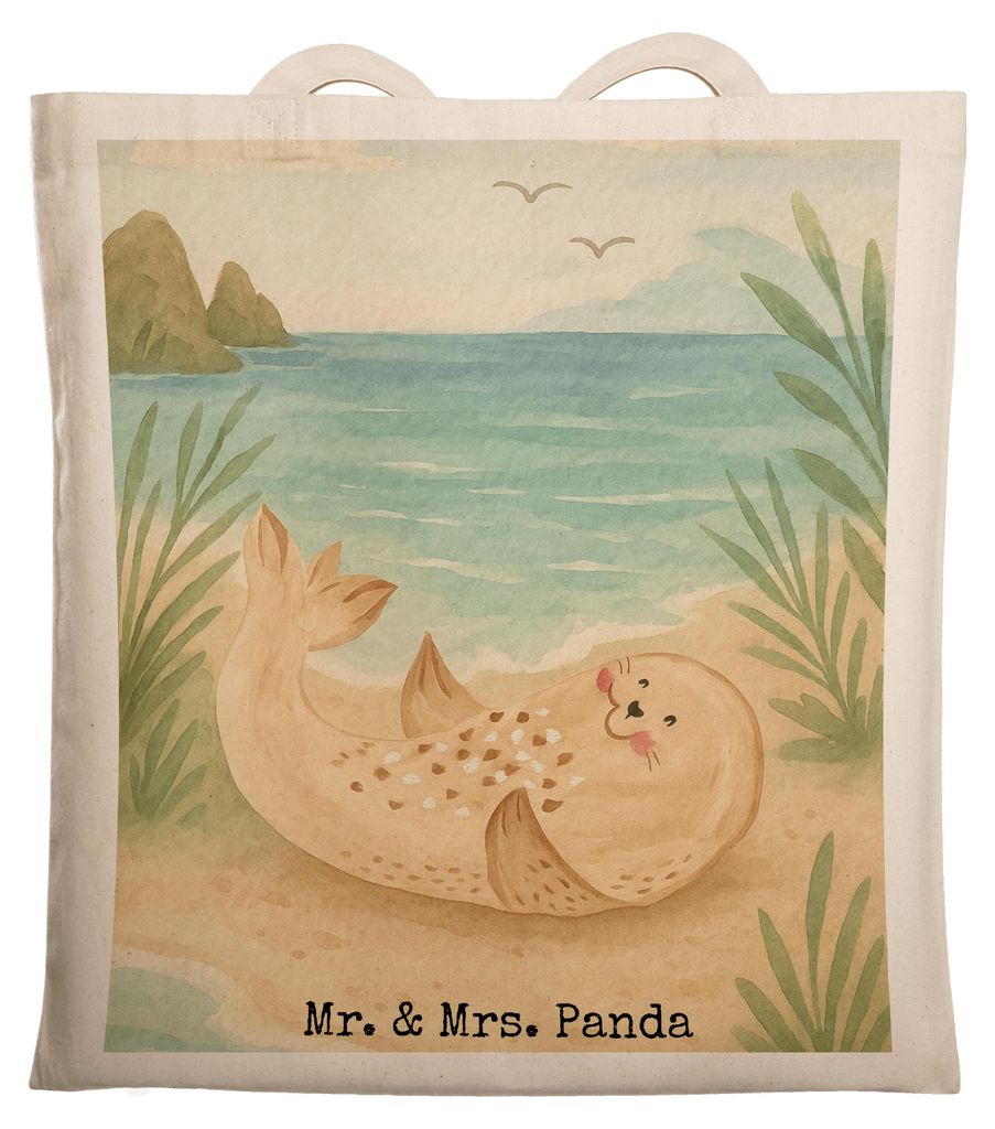 Mr. & Mrs. Panda Tote Bag Robbe Liegen Design - Weiß - Geschenk, Uni Tasche, Stoffbeutel, Strand, Tragetasche, Ostsee, Nordsee, Lustige Sprüche, ...