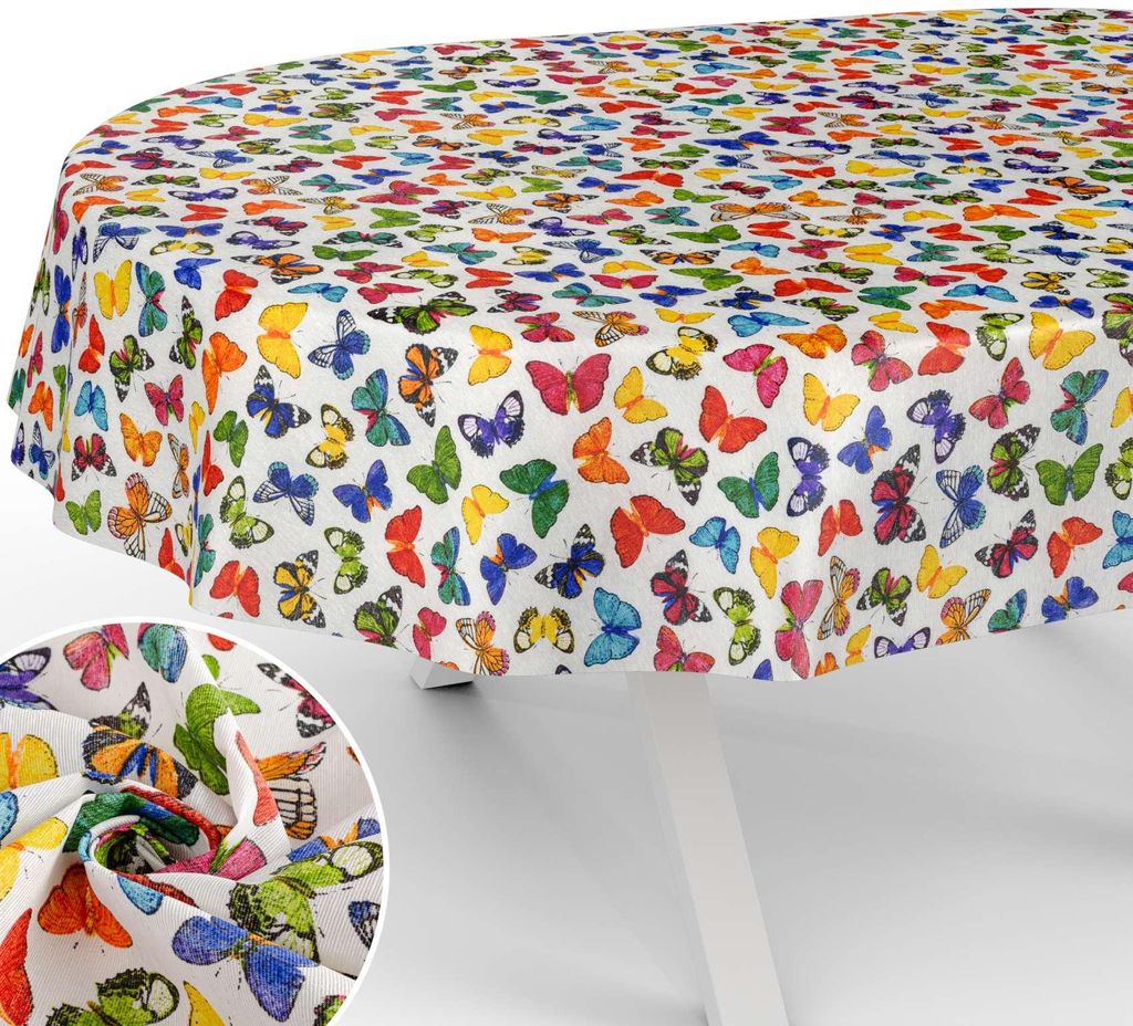 Tischdecke Schmeterlinge aus Textil mit feinem Ästhetik Motiv Tischwäsche schmutzabweisend Tischtuch Aquarell Bunt Oval Breite 140cm Länge 220cm...