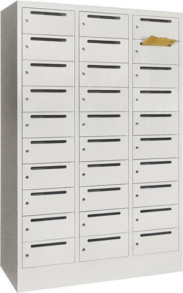 Postverteilschrank, BxTxH 900x500x1850 mm, 3x10 Fächer, Fachbreite 300 mm, Schloss, Sockel, RAL 7035 lichtgrau