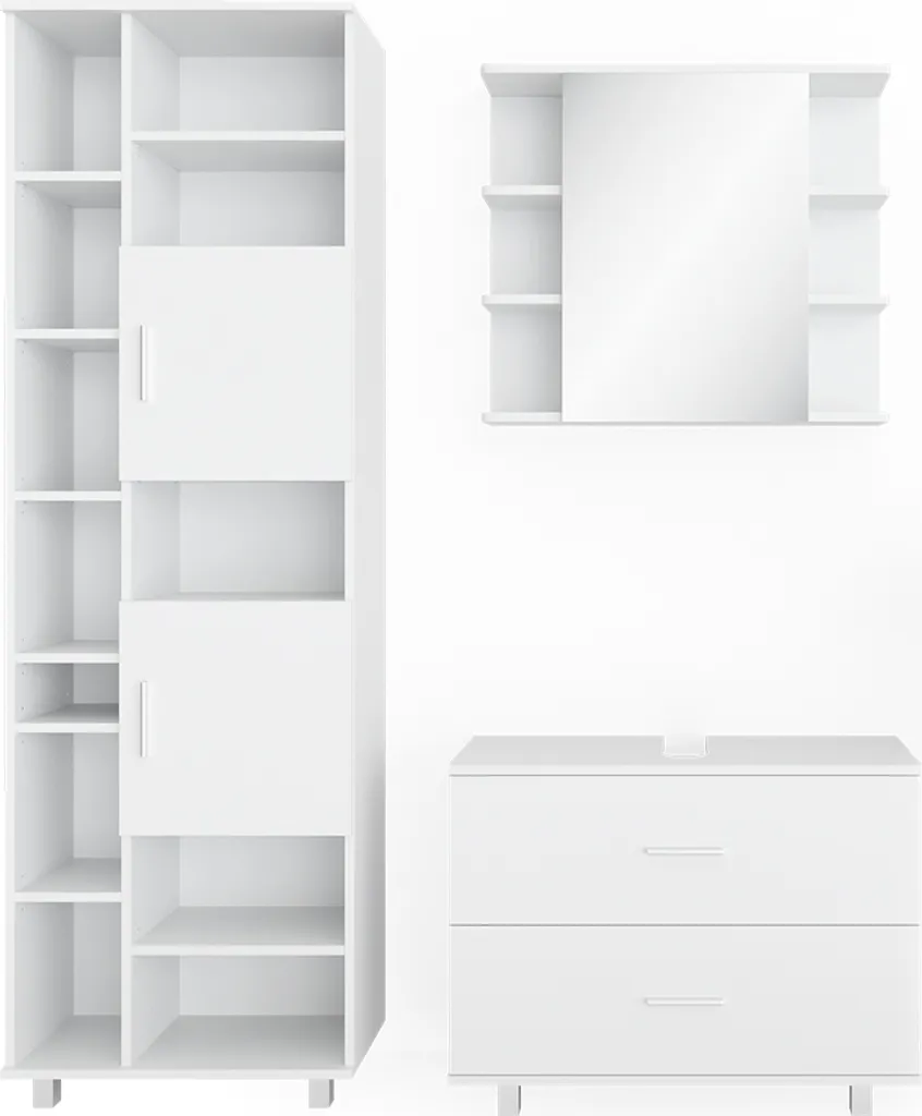 Meuble bain Vicco Ilias 3 pièces blanc brillant avec armoire haute 34647