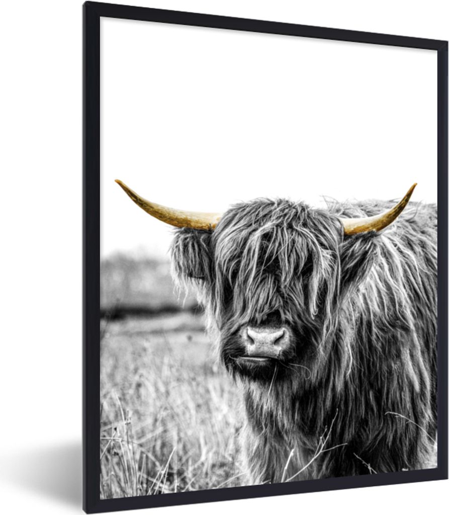 MuchoWow Gerahmtes Poster Schottischer Highlander - Schwarz & Gold - Hoorn 60x80 cm - Poster mit Schwarzem Bilderrahmen Wandposter Rahmen Foto Bi...