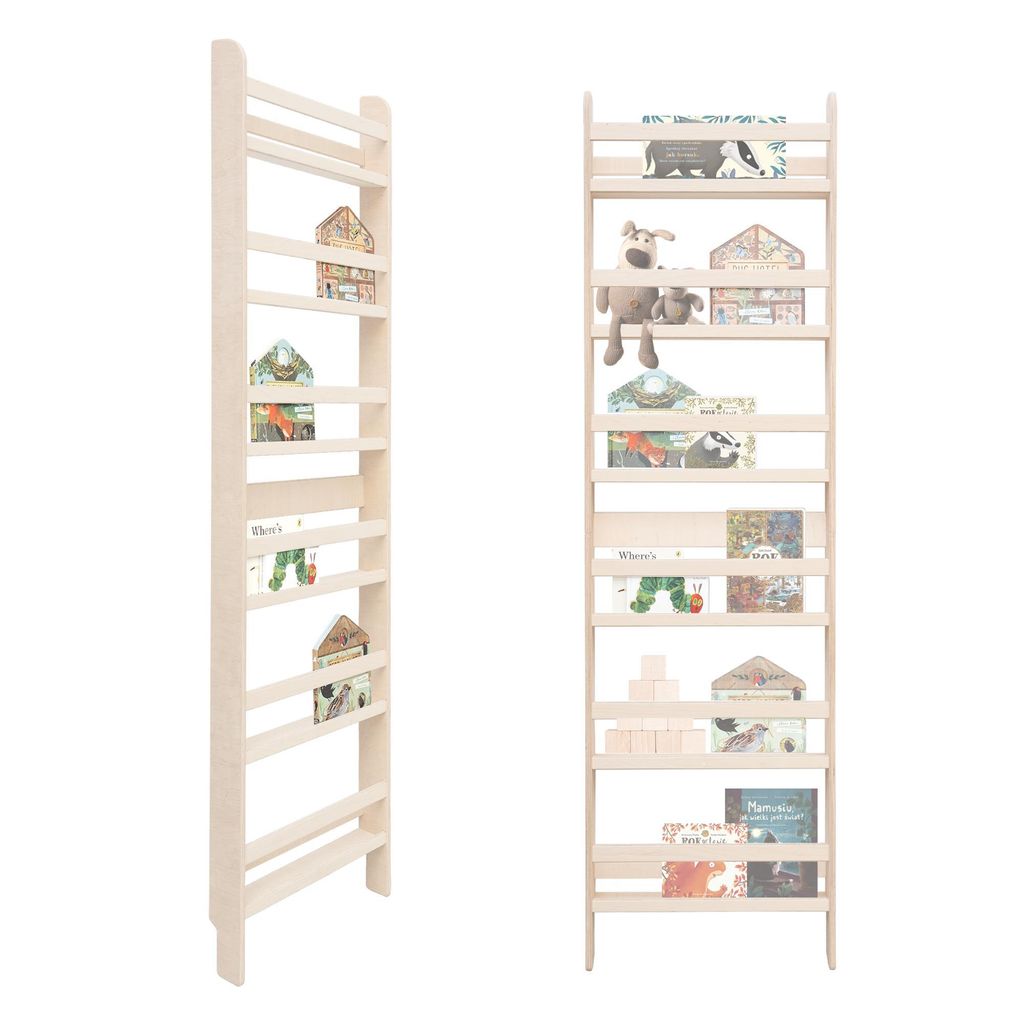Two wooden bookshelves are displayed side-by-side against a white background.