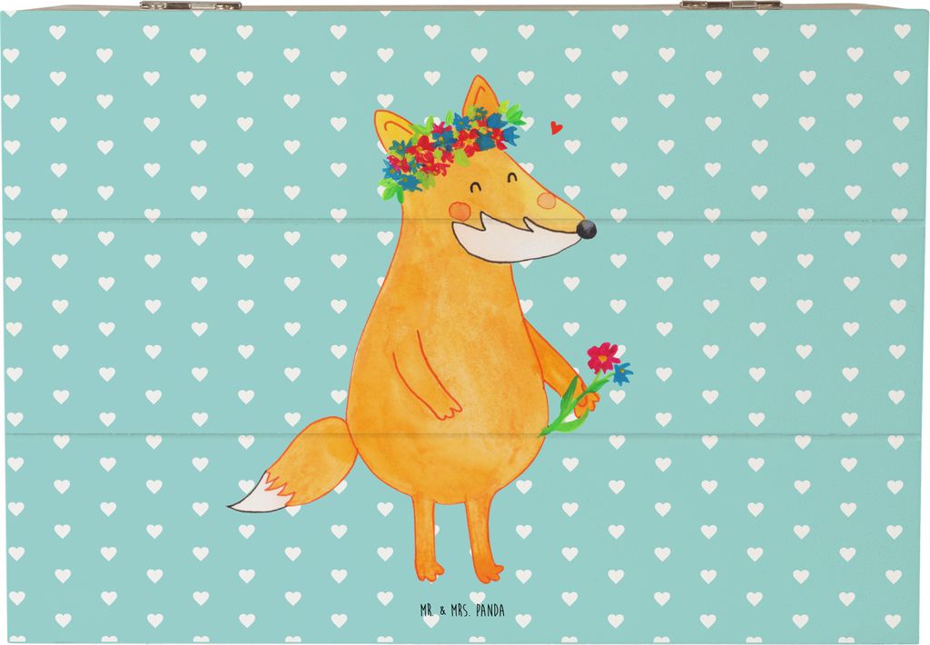Mr. & Mrs. Panda Kiste Fuchs Blumen 22 x 15 cm - Türkis Pastell - Geschenk, Holzkiste, Liebe, Boho, schatztruhe, fotobox, Ich, Blumenliebe, Box, F...