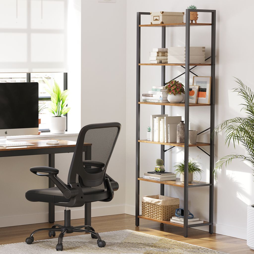A home office setup with a desk, chair, and bookshelf.