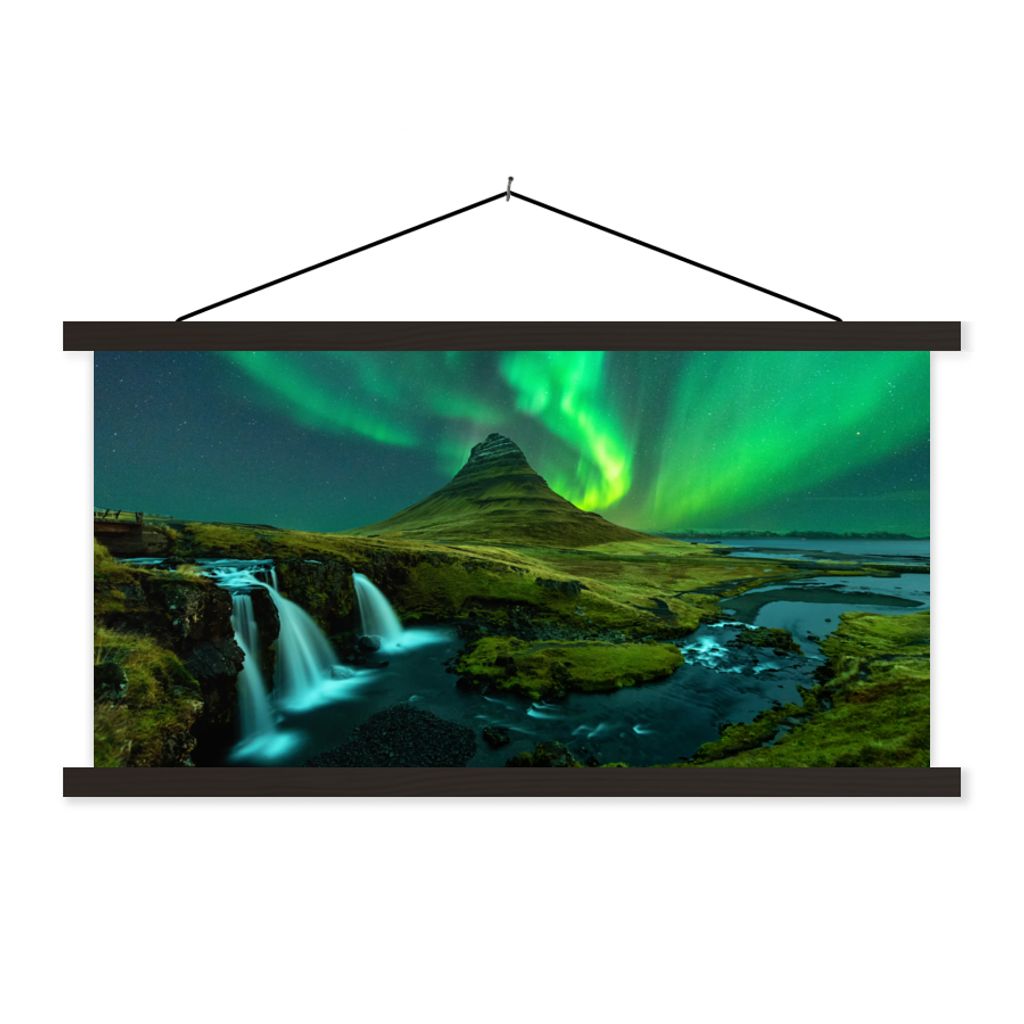 MuchoWow Textilposter Nordlichter - Wasserfall - Berg - Island 90x45 cm mit schwarzem Rahmen - Klemmleisten
