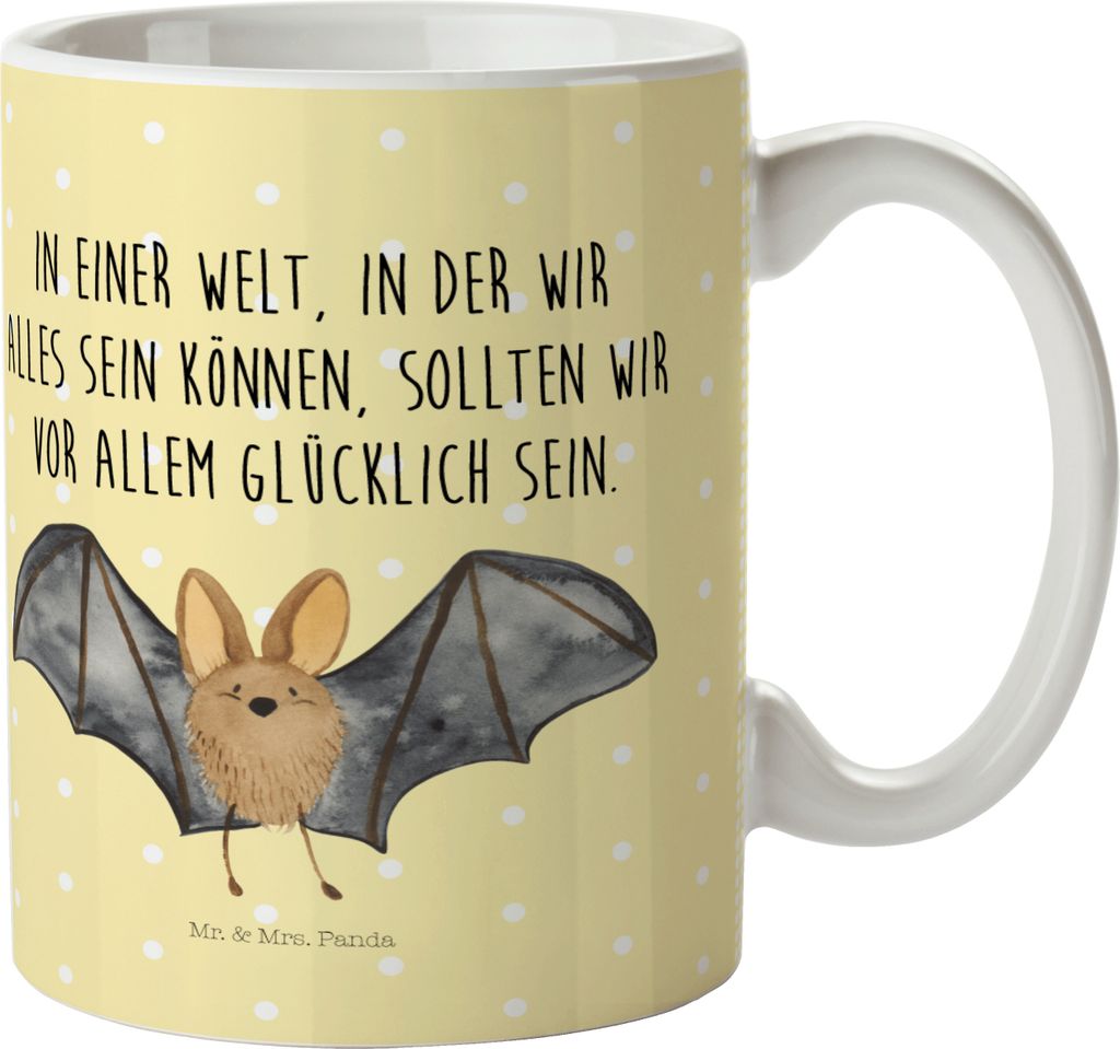 Mr. & Mrs. Panda Mehrwegbecher Fledermaus Flügel - Gelb Pastell - Geschenk, Kindertasse, Camping Tasse, Plastikbecher, Kinderbecher, Lustige Sprü...