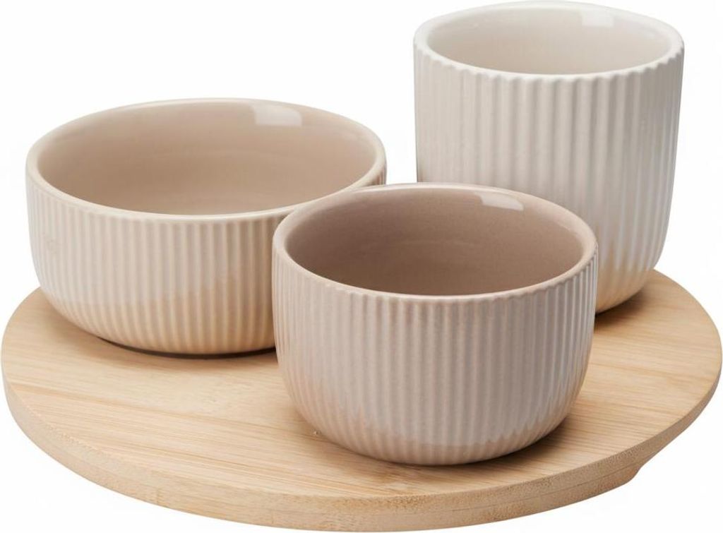 Set mit 3 Keramikschalen zum Servieren mit rundem Bambustablett