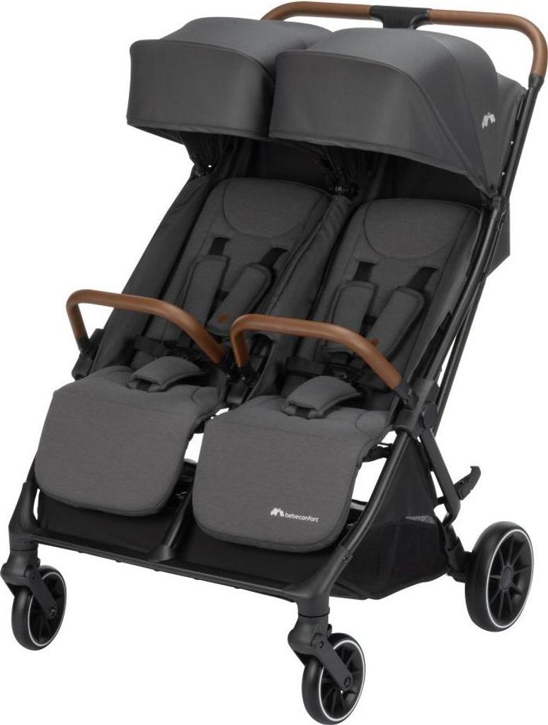 A studio shot of a twin stroller.