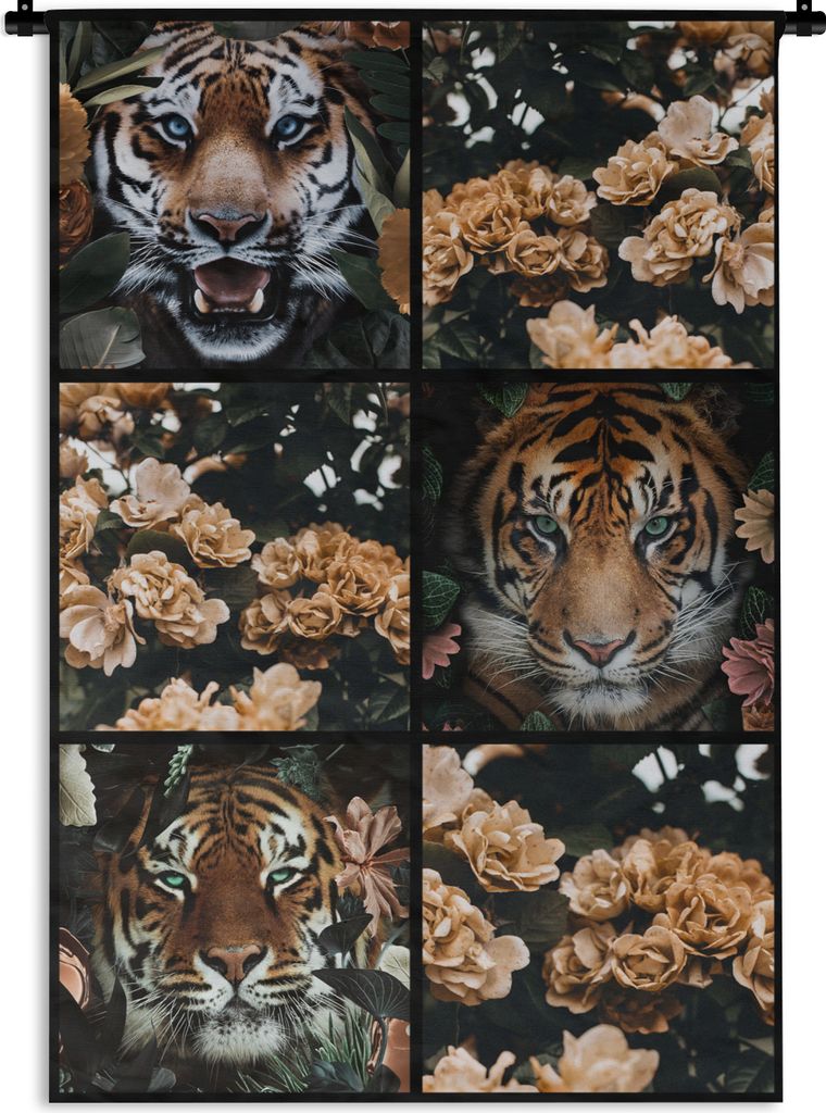 MuchoWow Wandteppich Wandbehang Collage - Tiger - Blumen 60x90 cm Tapisserie Dekoration Wandtuch - Foto-Teppich - Abwaschbar