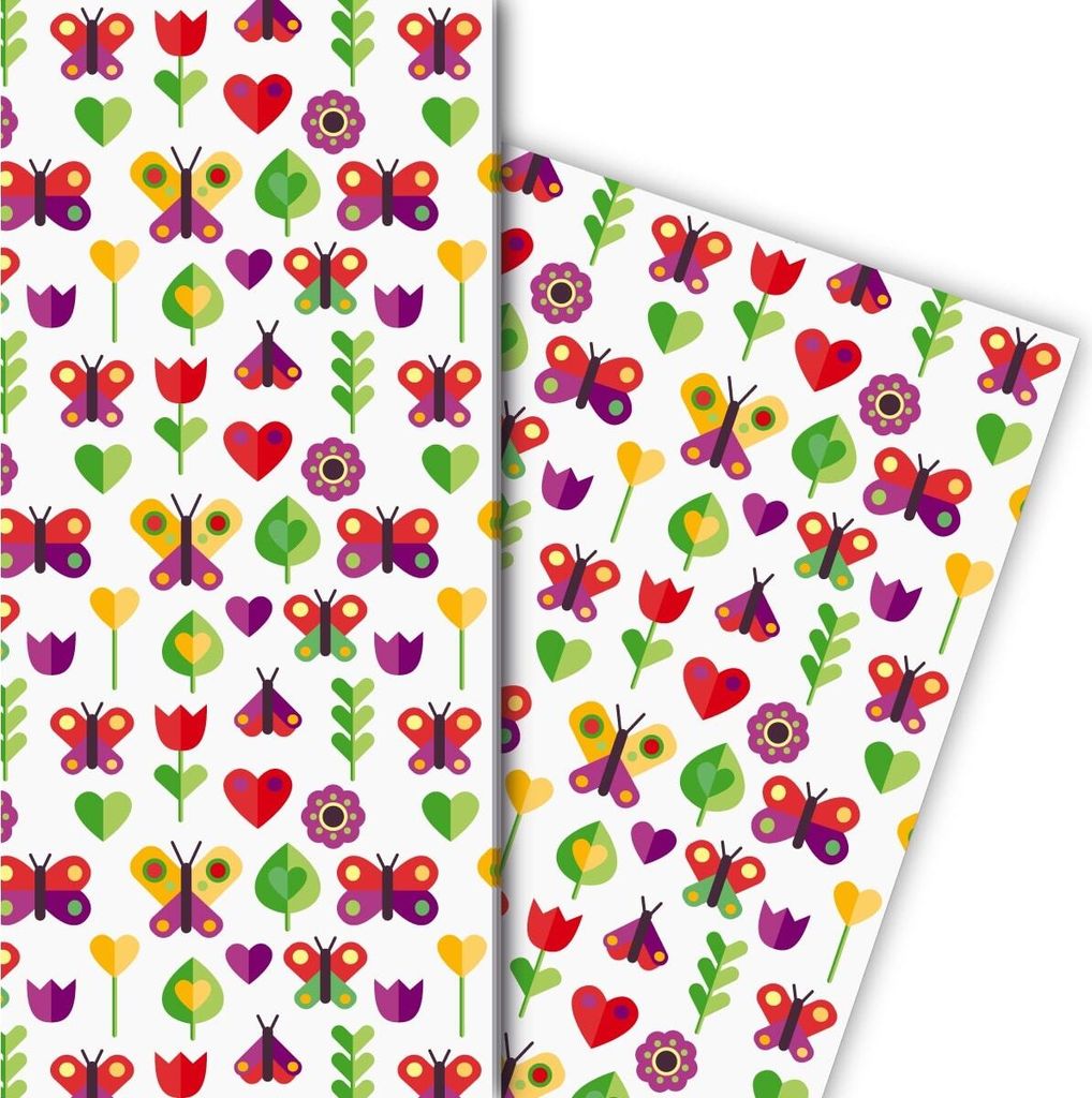 Buntes 70er Jahre Geschenkpapier mit Schmetterlingen und Blumen, grün - G8096, 32 x 48cm
