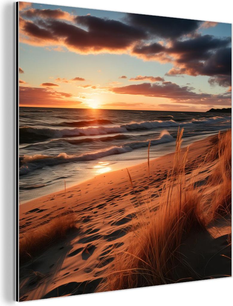 MuchoWow Wanddekoration Metall Metallbild Wandkunst 20x20 cm Strand - Sonnenuntergang - Dünen - Meer - Hochgras MuchoWow Aluminium Gemälde - Alu ...