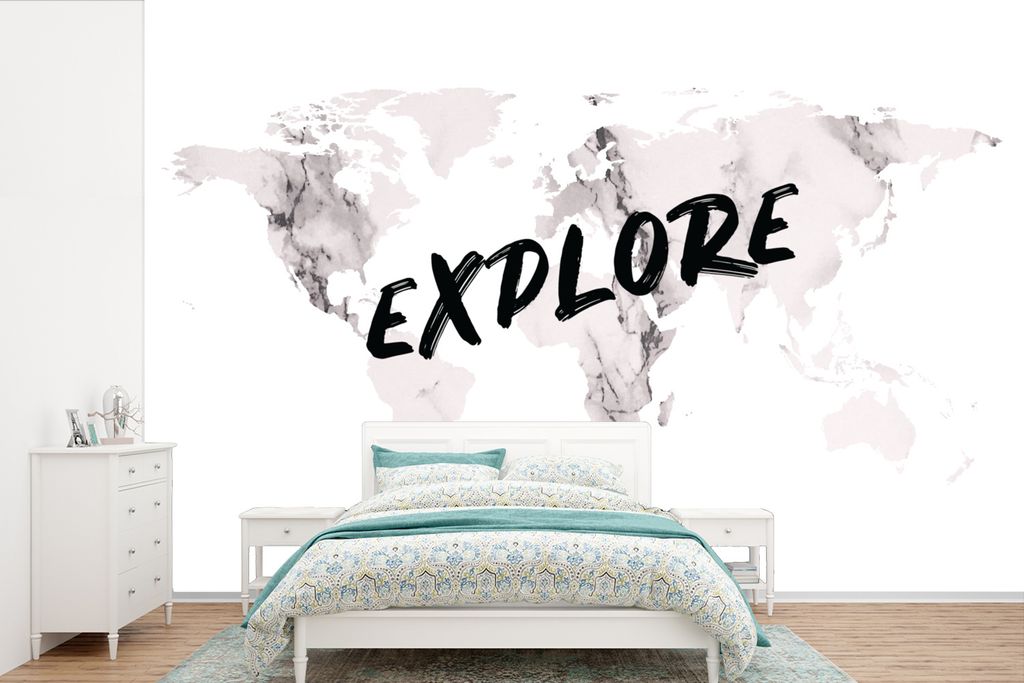 MuchoWow Fototapete für Wohnzimmer oder Schlafzimmer Wandtapete Vinyl Motivtapete Weltkarte - Marmor - Zitat - 450x300 cm - Gemusterte
