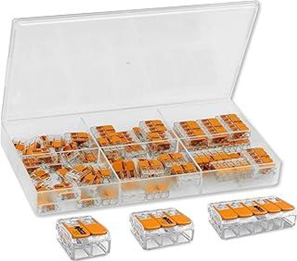 Wago Verbindungsklemmen-Set, 61 Stück, bestehend aus folgenden Klemmen: 27 x 221-412, 20 x 221-413, 14 x 221-415, in Aufbewahrungsbox