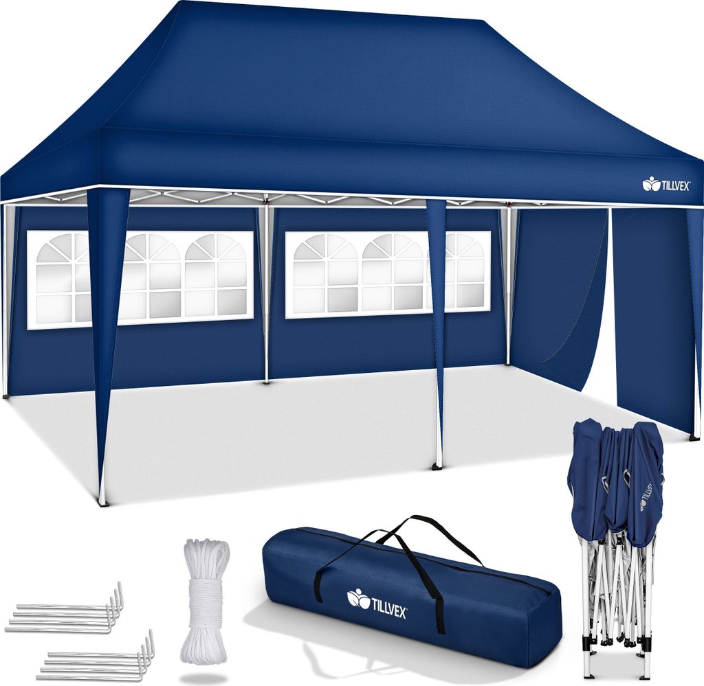 A blue pop-up canopy tent with windows and side panels, along with its accessories, displayed on a white background.