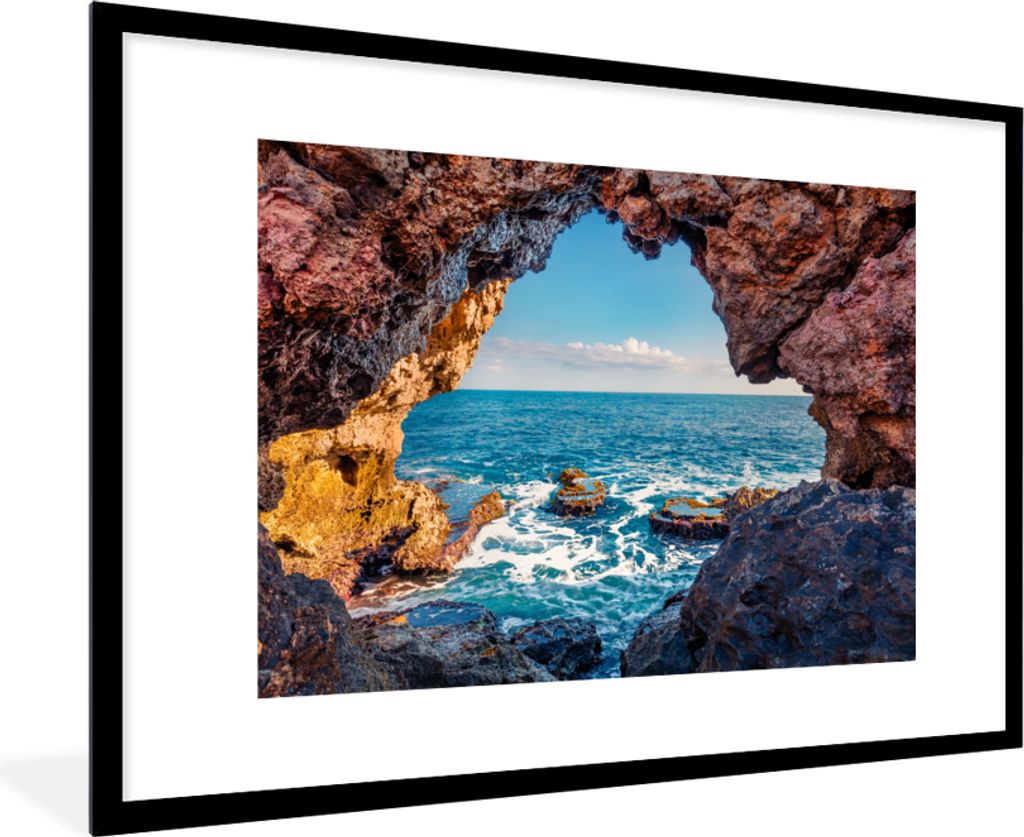 MuchoWow Gerahmtes Poster Höhle - Meer - Felsen - Natur 90x60 cm - Poster mit Schwarzem Bilderrahmen Wandposter Rahmen Foto Bilder - Wanddekorat...