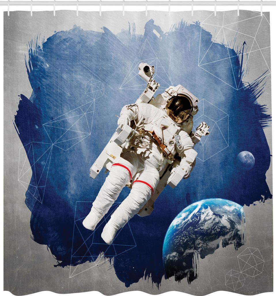 ABAKUHAUS Weltraum Duschvorhang, Astronaut auf der Grunge-Hälfte mit geometrischen Pinselstrich SciFi Modern Art getan, Stoffliches Gewebe Badezim...
