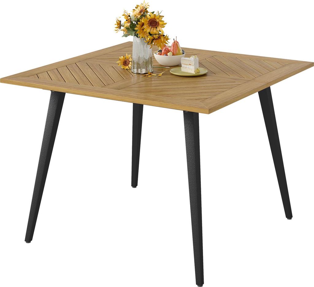Gartentisch, quadratischer Esstisch aus Akazienholz, 5 cm Schirmloch, Outdoor Tisch mit Metallbeinen, 107 × 107 × 75 cm Terrassentisch, Natur
