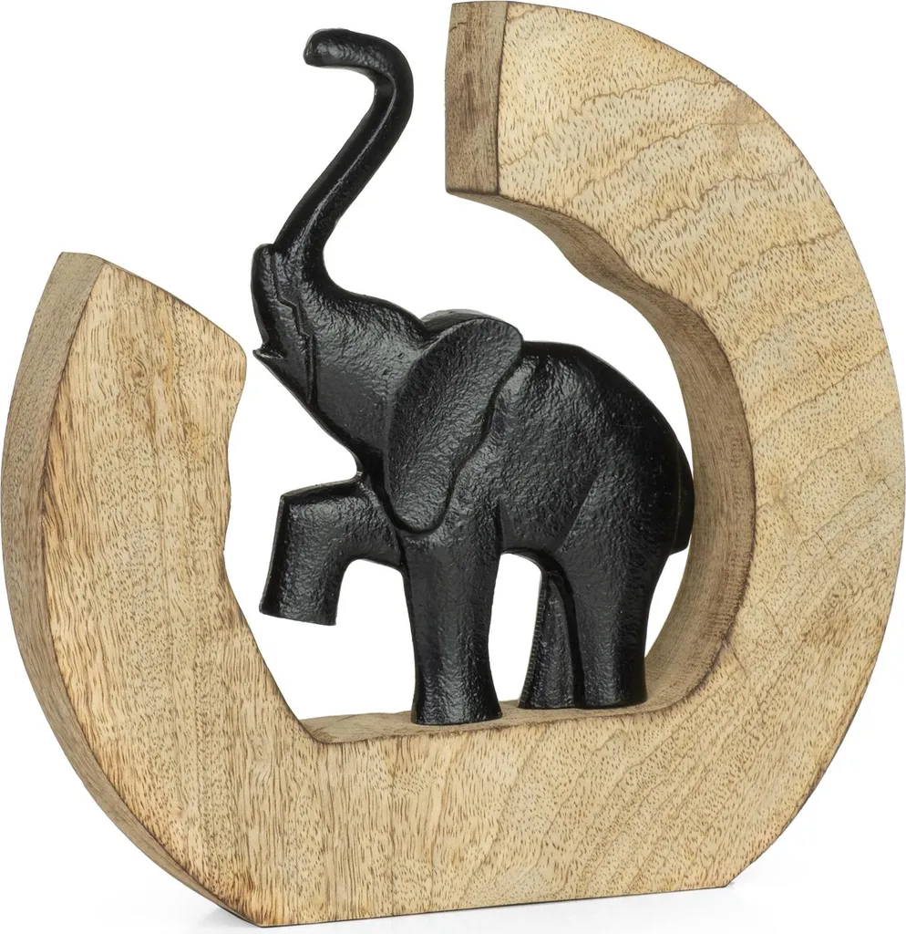 Statue éléphant décorative moderne en métal noir et socle de manguier