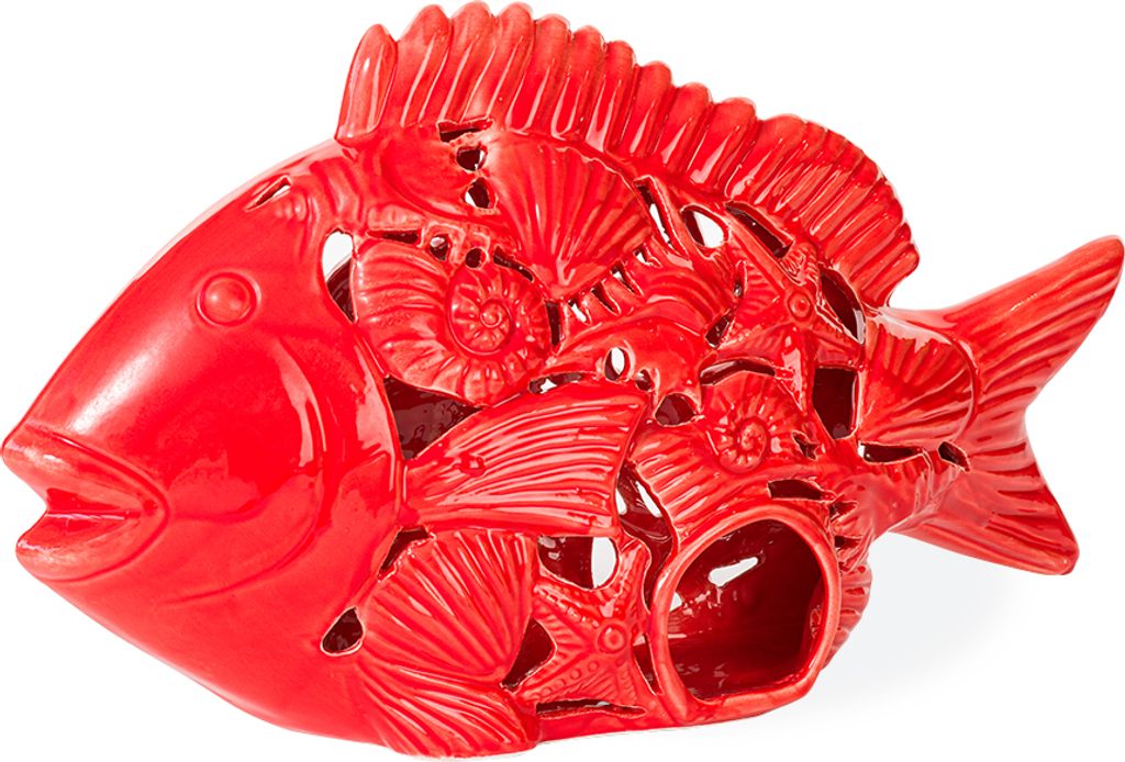 TERRECOTTE DEL SOLE - Originaler Fisch-Teelichthalter aus roter sizilianischer Keramik, perforiert, H 21 cm, von Hand gefertigt und dekoriert., 9 x...