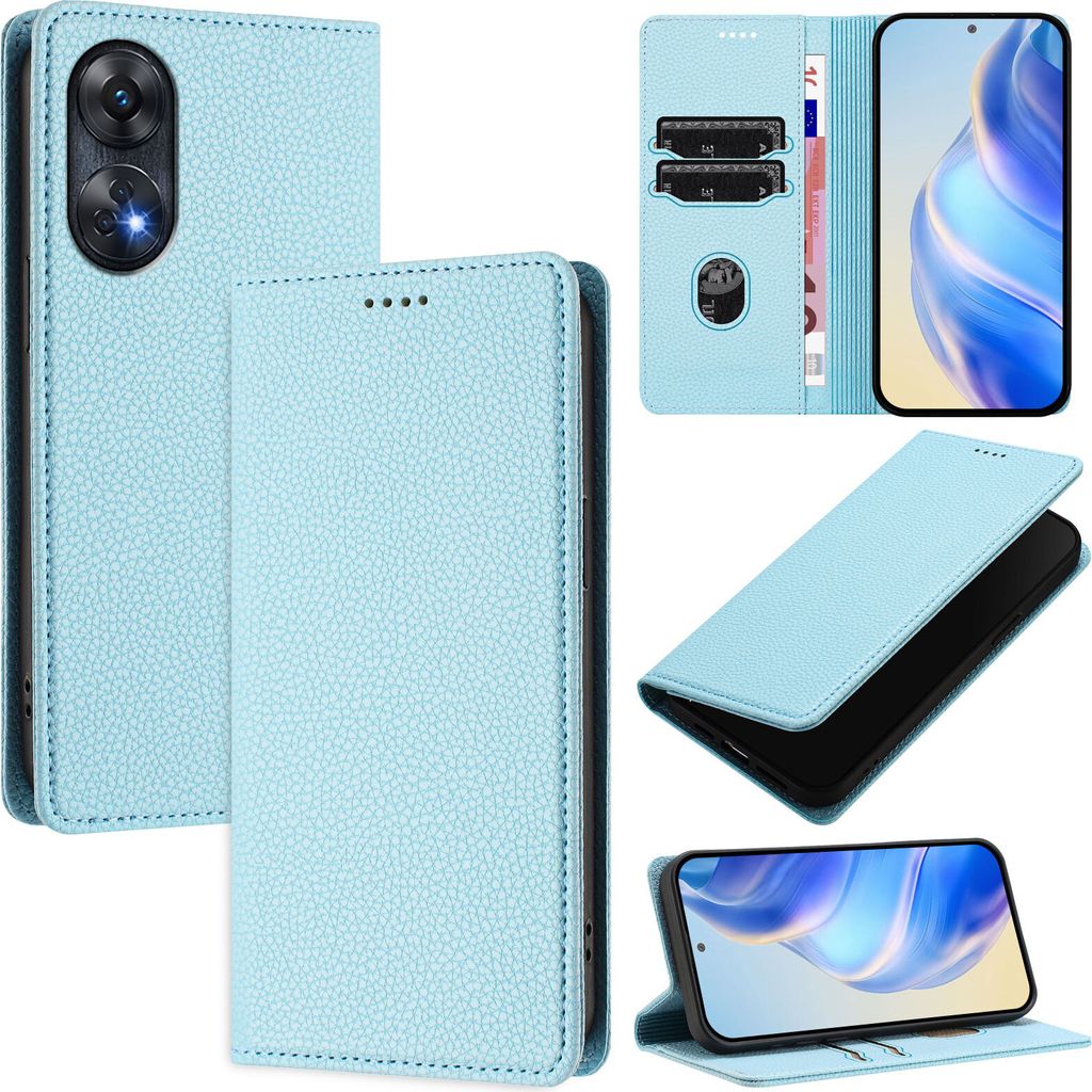 Litchi Leder Handyhülle für Oppo Reno8 T 4G Wallet Kartenfächer Standfunktion Hülle Hellblau