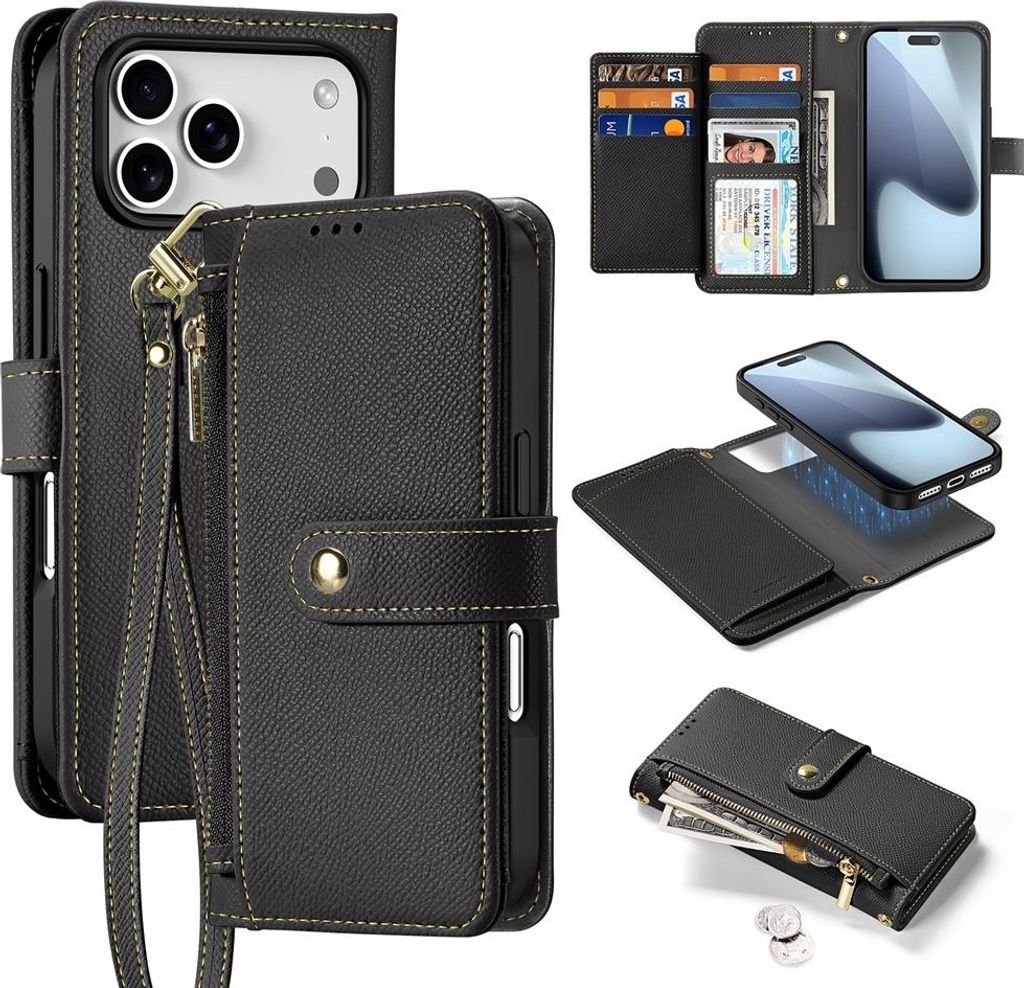 iPhone 17 Pro Hülle - Dux Ducis Lawa - Echtes Leder 2-in-1 Geldbörse & Back Cover - MagSafe Compatible - Schwarz