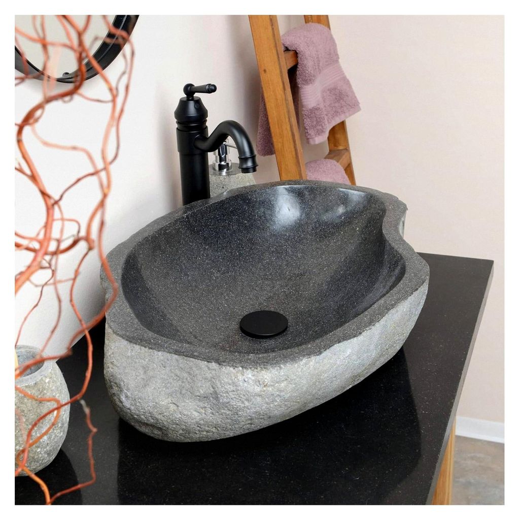 Ovales Naturstein Waschbecken 60 cm in Grau aus indonesischem Flussstein - Mit Unikat Auswahl