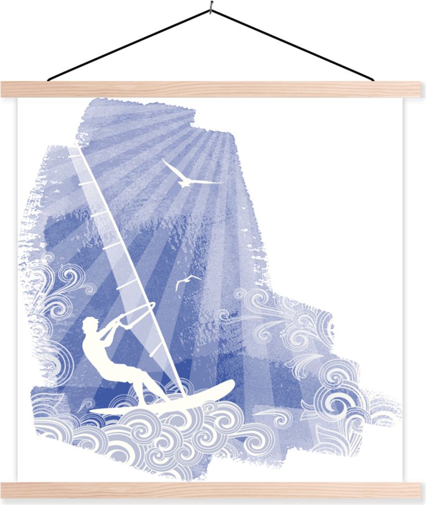 MuchoWow Textilposter Eine Illustration einer Person, die im Wind surft 40x40 cm mit holzfarbenen Rahmen - Posterleiste