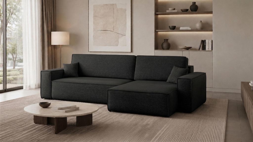 Kaiser Möbel Ecksofa mit schlaffunktion und bettkasten, Eckcouch Best XL stoff Verita Schwarz Rechts