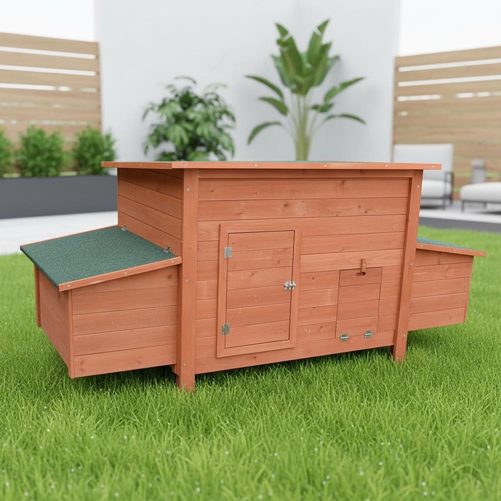 A wooden chicken coop with a green roof sits on a grassy lawn.