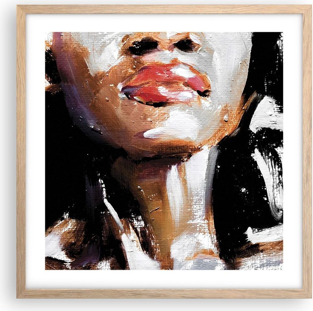 Gerahmtes Poster - Rahmen in heller Eiche - Öl Mund Frau - 50x50 cm - Wand Bild - Wanddeko - Wandbilder - Kunstposter - Wandposter - Bilderrahmen ...
