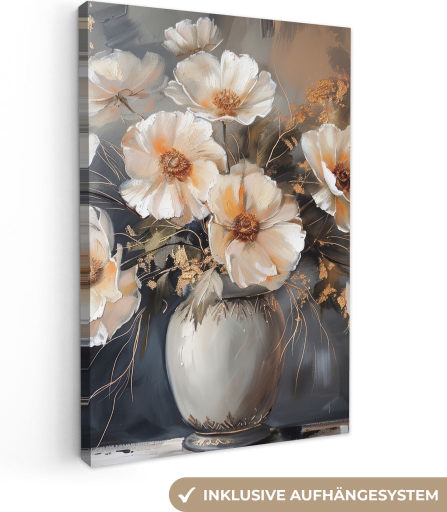 MuchoWow - Leinwandbilder - Blumen - Weiß - Vase - Modern, Wandbild, Wanddeko Bilder Wohnzimmer, 20x30 cm