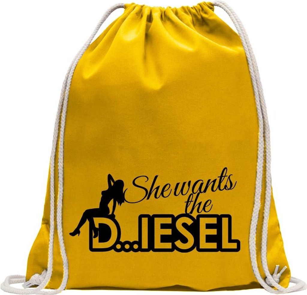 Kiwistar - Turnbeutel - gelb - She Wants The Diesel - Fun Rucksack Sport Beutel Gymsack Baumwolle mit Ziehgurt