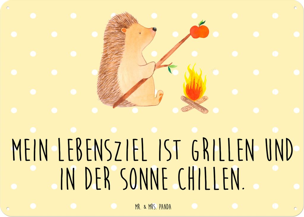 Mr. & Mrs. Panda Wandbild Igel Grillen DIN A3 - Gelb Pastell - Geschenk, Retro Blechschild, tafel, Gute Laune, Türschild, Ziele, Motivation, Schil...