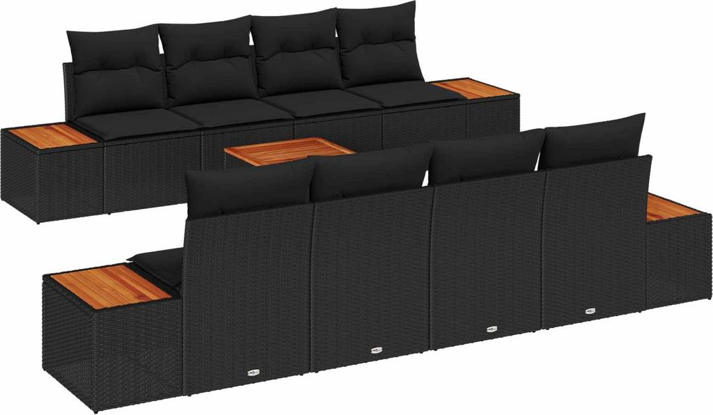 Garten-Sofa-Set mit Kissen 9 pcs Schwarz Poly Rattan