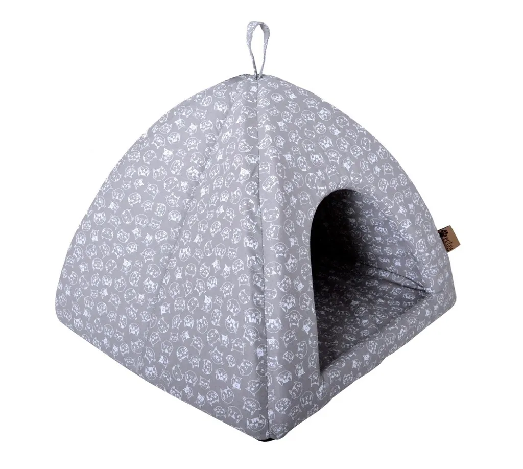 Cocon pour chats gris imprimé petits chats blancs - Lit douillet 45cm