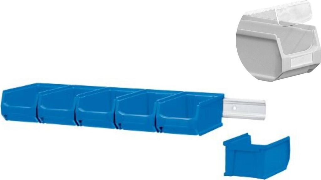 Wandleiste mit 6x Blaue Sichtlagerbox 2.0 mit Abdeckung | HxBxT 7,6x60,5x17,6cm | Wandhalterung, Kleinteileaufbewahrung, Sortimentsboxhalterung