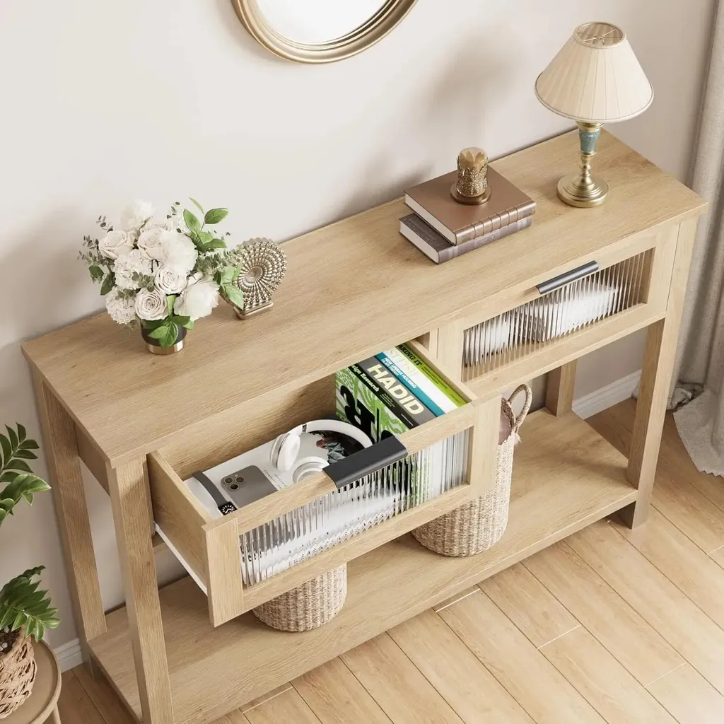 Table console minimaliste bois naturel rectangulaire à double plateau - 5