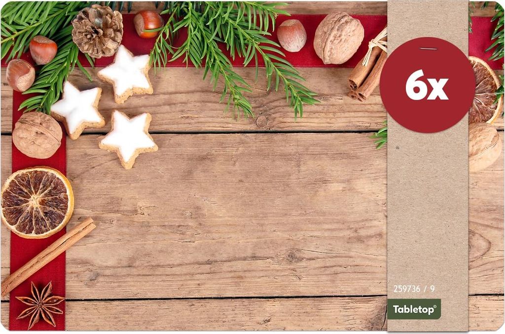 Abwaschbare Tischsets 6er Set Weihnachten Gewürze & Holz-Optik