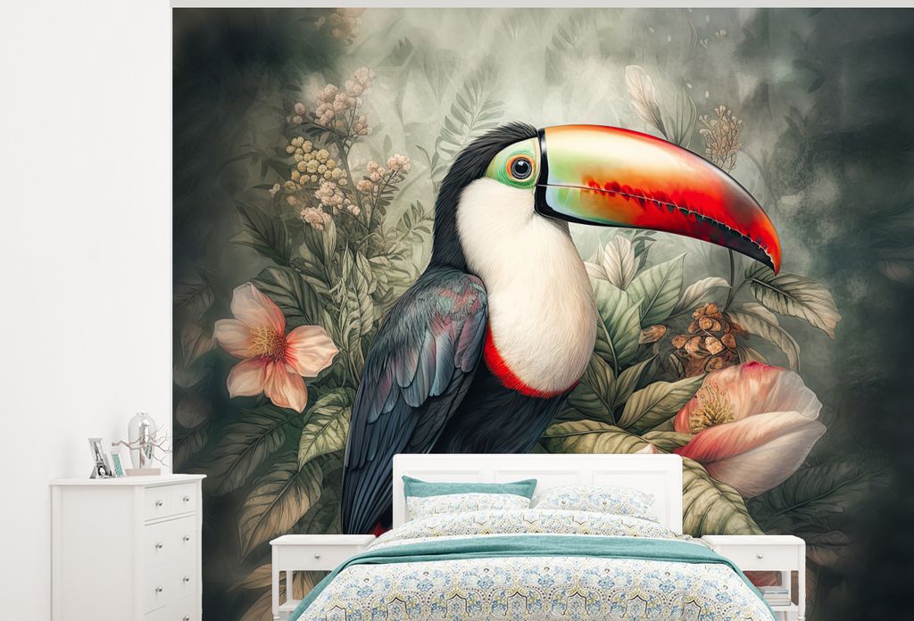 MuchoWow Fototapete für Wohnzimmer oder Schlafzimmer Wandtapete Vinyl Motivtapete Tukan - Vögel - Blumen - Pflanzen - Tropisch - 300x240 cm - F...