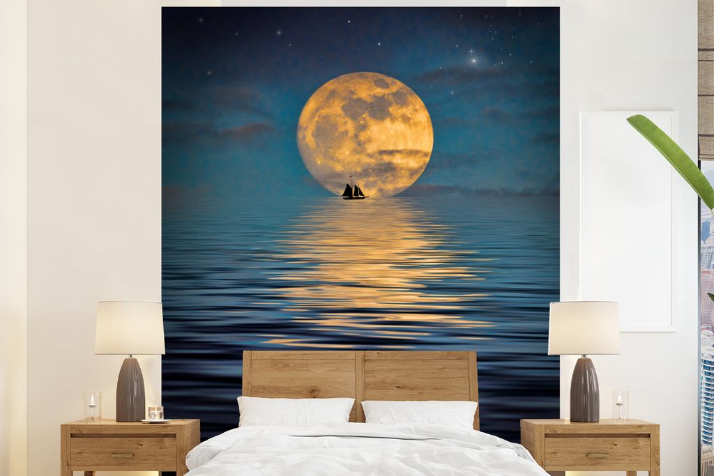 MuchoWow Fototapete für Wohnzimmer oder Schlafzimmer Wandtapete Vinyl Motivtapete Mond - Spiegelung - Boot - 225x280 cm - Wohnzimmer tapete