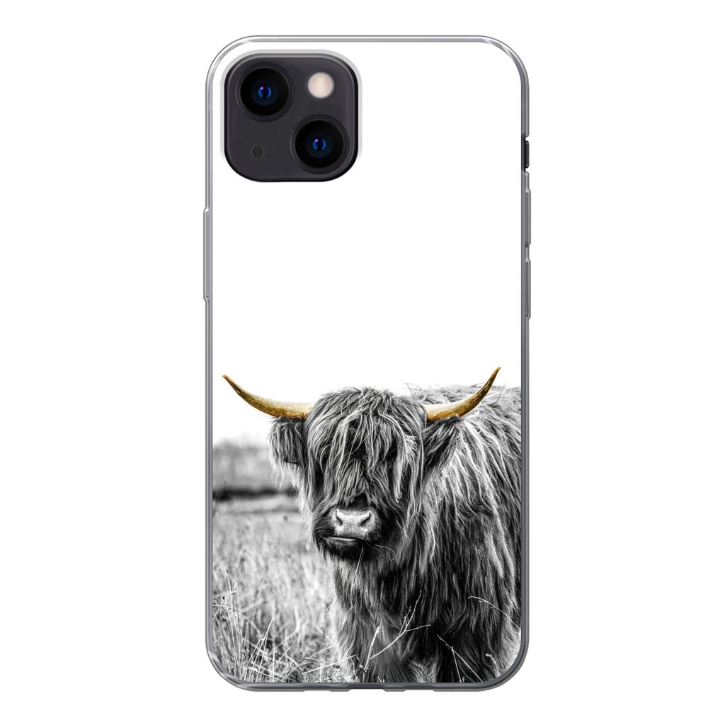 MuchoWow Handyhülle Schutzhülle Hülle für iPhone 13 mini Schottischer Highlander - Gold - Schwarz - Weiß Silikon Softcase Handy Hülle - Sof...
