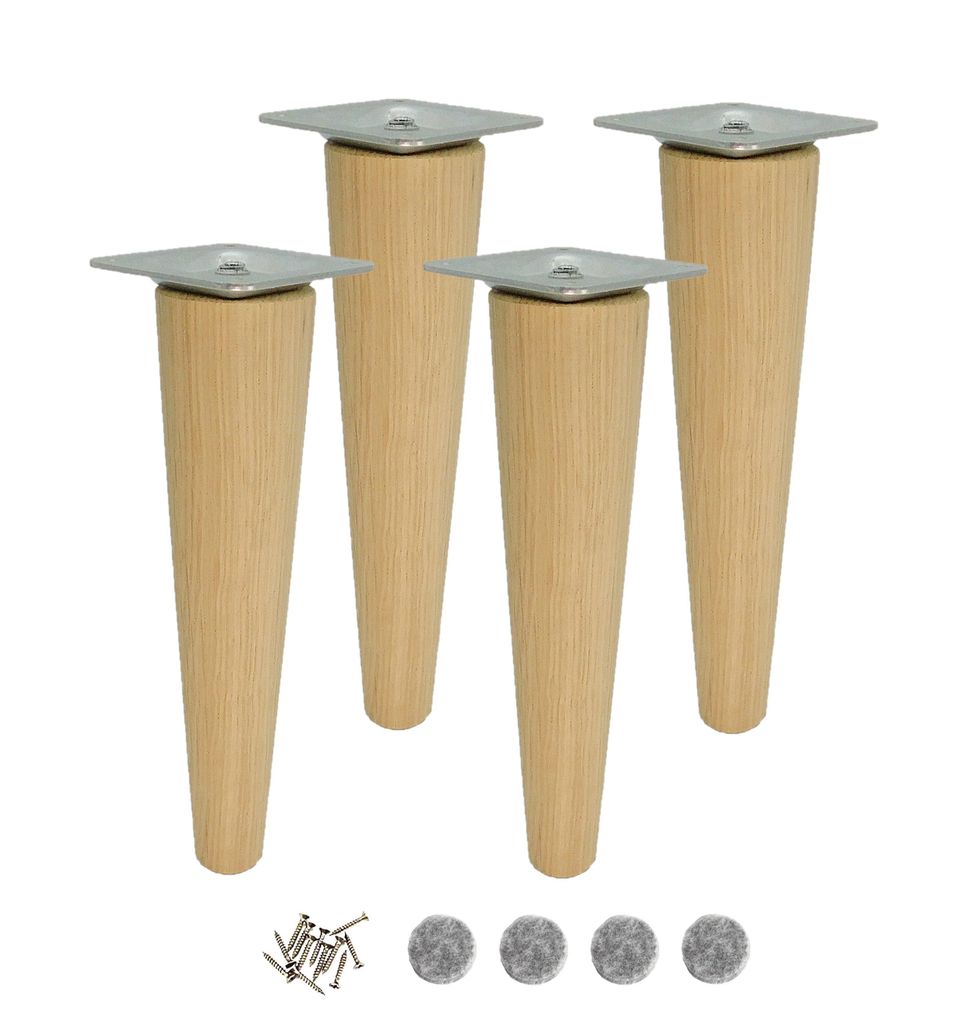 4x Möbelfuß aus Eiche – konisch, roh, 20 cm – mit M8-Schraube & Montageplatte
