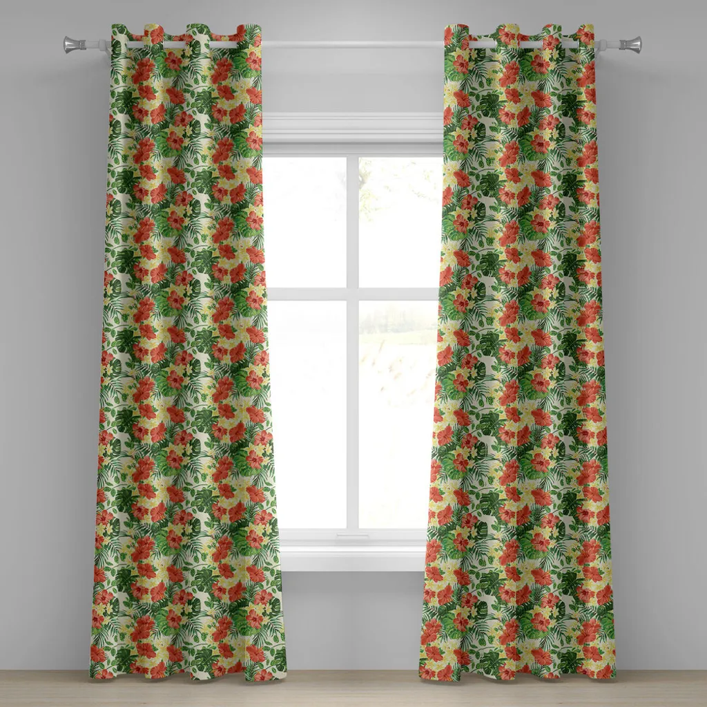 ABAKUHAUS Tenda tropicale con occhielli, motivo esotico con fiori e foglie di plumeria, ibisco, monstera e palma, tende decorative a 2 pannelli, 280 cm x 175 cm, rosso pallido, giallo, verde