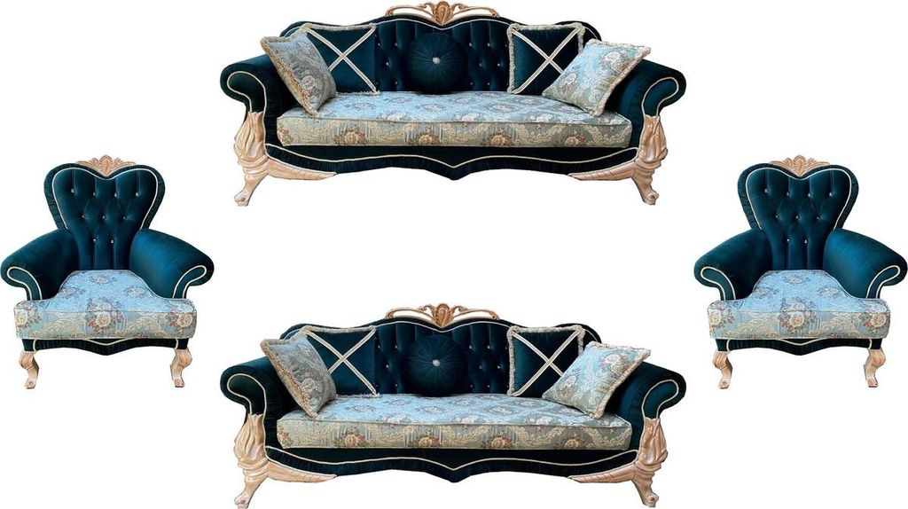 Casa Padrino Luxus Barock Wohnzimmer Set mit elegantem Blumenmuster und Glitzersteinen Türkis / Grün / Creme - 2 Sofas & 2 Sessel - Prunkvolle Ba...
