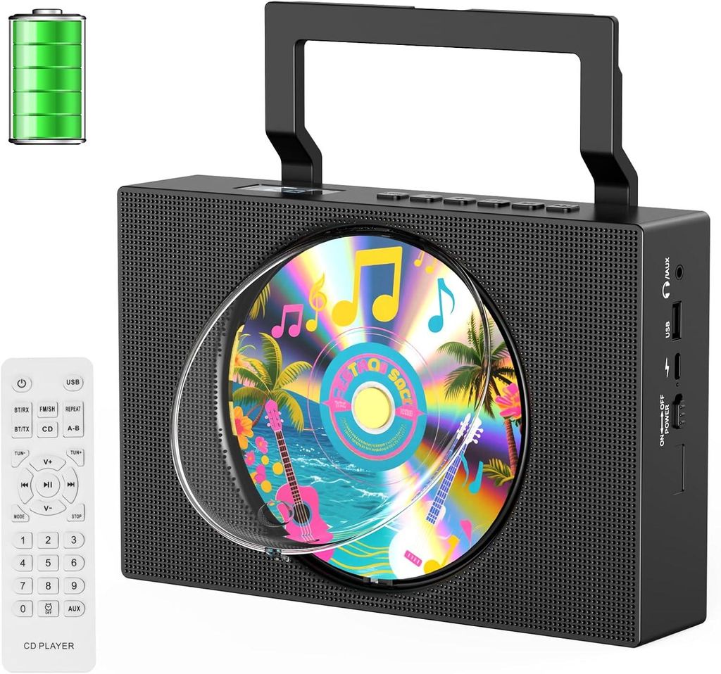 Tragbarer CD-Player für Kinder mit Bluetooth, FM-Radio, USB/AUX-Eingang, Fernbedienung und staubdichtem Design.